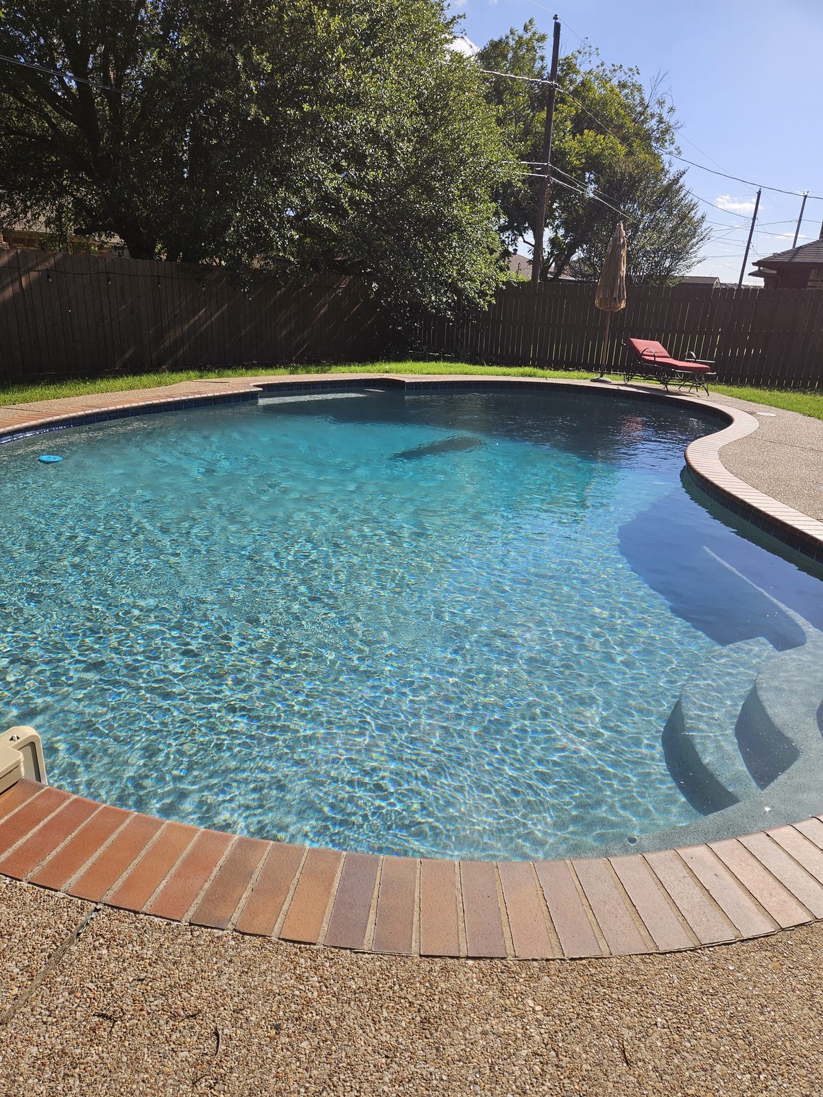 Freeform pool and raised spa with a brick paver deck
